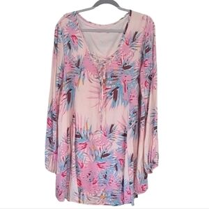 Izzy & Lola Floral Botanical Long Sleeve Lace Up Tunic Dress Size L